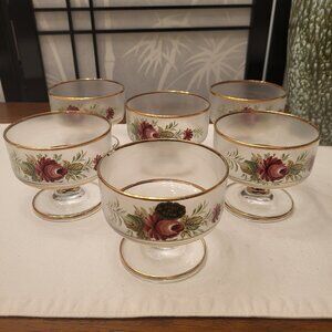 60s Italian Frosted Hand Painted Sherbet Glasses w/ Gold Trim - Set of 6